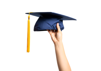 Close up hand holding graduation cap on transparent background