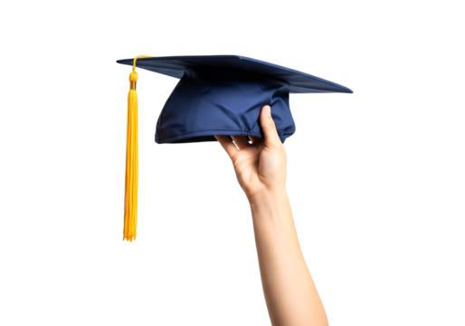 Close up hand holding graduation cap on transparent background