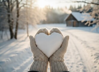 A person holding a heart-shaped snow sculpture in mittens, snowy winter scene