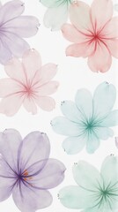 Obraz premium Pastel flowers in shades of pink, purple, blue, and green arranged on a white background creating a delicate floral pattern.