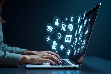 Person types on laptop, glowing icons float around screensymbolizing digital learning and innovation in modern education technology.