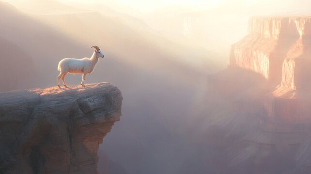 Majestic goat standing on cliff at sunset in serene mountain landscape