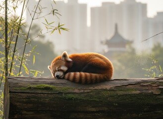 A resting red panda curled up on a mossy log, sunlight softly illuminating it