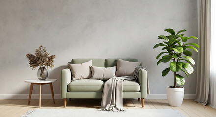 Cozy living room with green sofa, plant and decor, rendering, 3d illustration, nobody