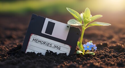 A young plant growing next to an old floppy disk with a label, symbolizing growth, technology, and new beginnings in a natural setting