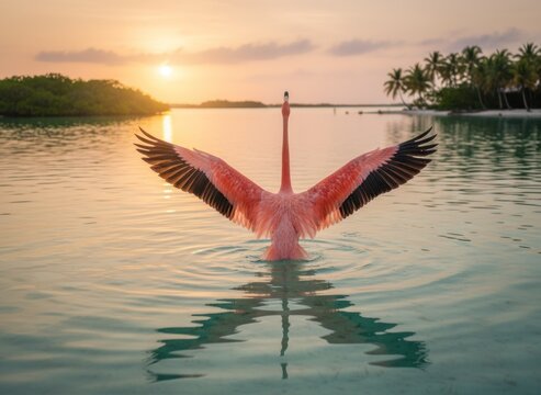 A pink flamingo stands in water with wings spread as the sun sets over the ocean