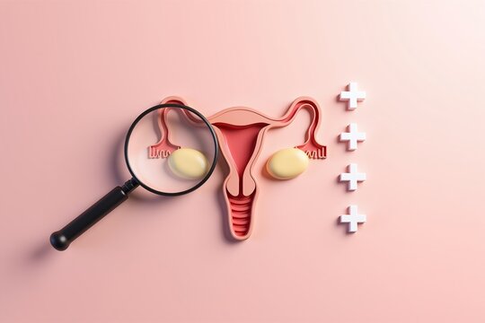 Magnifying glass examines female reproductive organs beside "  " symbols, suggesting medical testing or diagnosis.