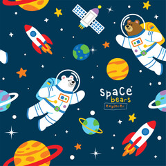 Cute Space Bears Astronaut Seamless Pattern with Rockets and Planets Vector 