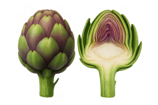 Whole and cross-section artichoke showing edible heart, raw globe artichoke vegetable, healthy fresh food on transparent background - Powered by Adobe