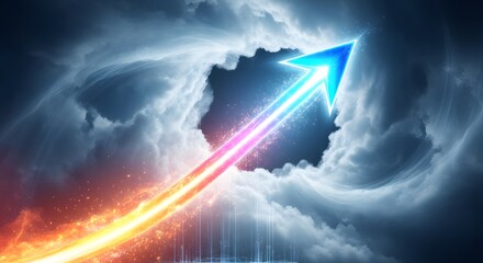 A vibrant digital illustration of an upward arrow with glowing neon effects piercing through a cloudy sky, symbolizing growth, progress, or technological advancement