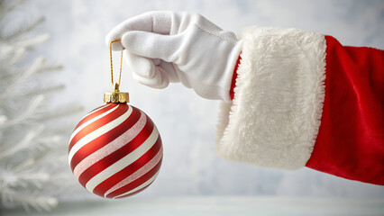 Christmas Santa Claus hand holding Christmas ornament red and white for Christmas tree isolated on white background with clipping path. Design element. red christmas baLL