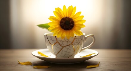 A vibrant sunflower placed inside a delicate, cracked ceramic teacup with matching saucer on a wooden surface, creating a charming and rustic scene with petals scattered around