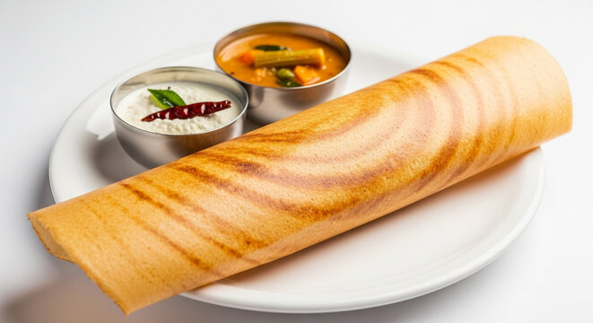Indian masala dosa folded into a crisp triangle, served with sambar and coconut chutney in small steel bowls