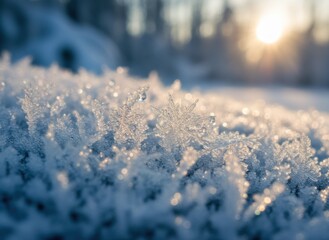 Close-up of frost-covered ground with crystalline structures, sunlight in background