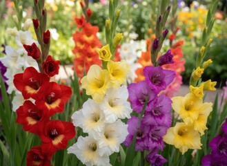 Close-up of vibrant gladioli blooms in various colors against a blurred garden backdrop