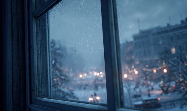 A window with a view of a city street with snow falling