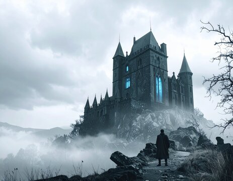 Castello gotico in rovina sulla montagna. Architettura tetra, guglie oscure.