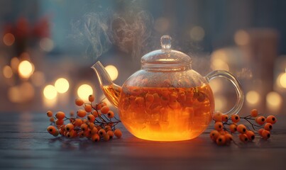 A teapot with a lid on a table with orange berries