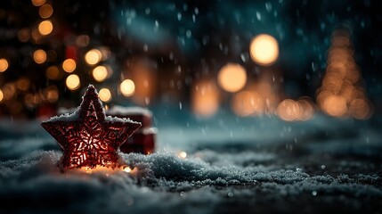 Star ornament in snow with blurred lights and trees in the background.