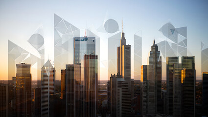 Cityscape at sunset overlaid with large, abstract white geometric shapes and triangles.