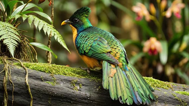 Elegant bird perching on mossy branch in lush rainforest, beautiful wildlife shot