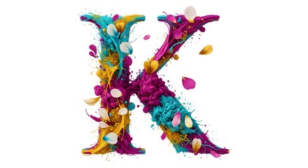 Colorful letter K with vibrant splashes and petals