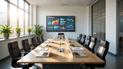 Sunlit conference room with a long table, multiple open laptops, and a vibrant chart displayed on the screen.