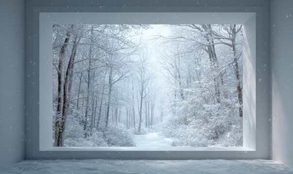 A window in a room with a snowy forest outside - Powered by Adobe