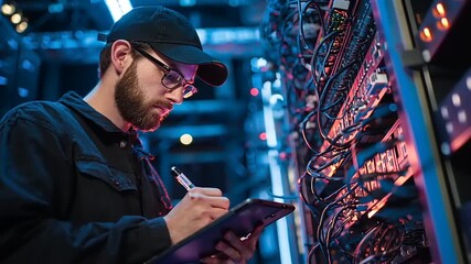 Technician inspecting server connections in a modern data center with vibrant LED lights in the background - Powered by Adobe