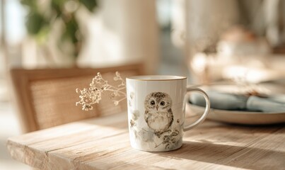 A mug with an owl on it sits on a wooden table