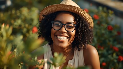Bright, joyful outdoor portrait of a smiling woman wearing glasses and a straw hat surrounded by vibrant garden flowers, capturing warm natural light, lively colors, and an uplifting summertime atmosp