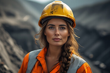 Confident Female Miner Wearing Safety Gear in Open-Pit Mine