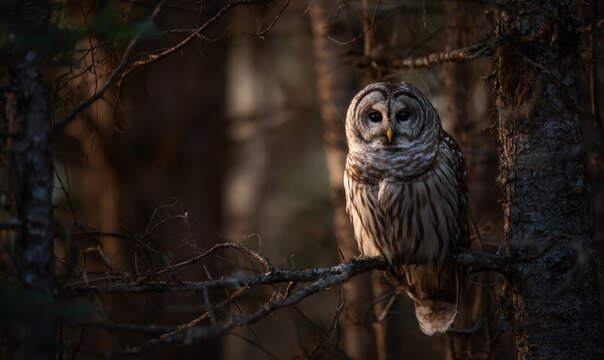 A large owl is perched on a tree branch in the woods