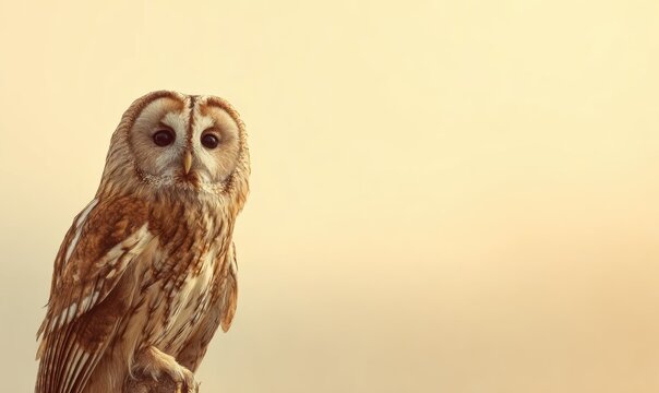 A brown owl is perched on a branch - Powered by Adobe
