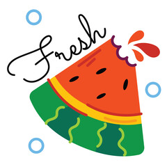 Vibrant Slice of Fresh Watermelon with Juicy Red Interior and Green Rind Decorated with Stylized Blue Circles and Script Text on a Transparent Background