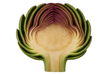 Obraz premium Fresh artichoke half showing inner core and purple leaves, cut vegetable representing healthy eating and raw organic food ingredients