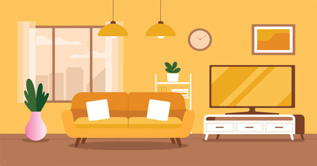 Fototapeta premium Bright yellow living room with sofa, television, and window view interior couch