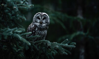Fototapeta premium A large owl is perched on a tree branch in the dark
