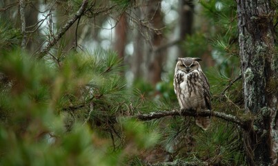 Obraz premium A brown owl is perched on a tree branch in a forest