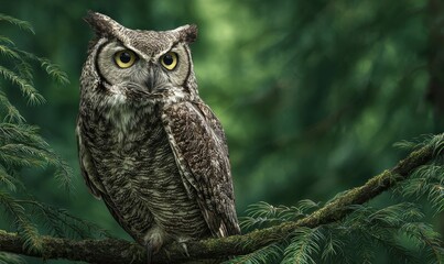 Obraz premium A large owl is perched on a tree branch