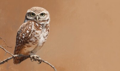 A brown and white owl is perched on a branch
