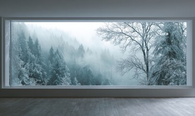 A window with a view of a forest in the snow