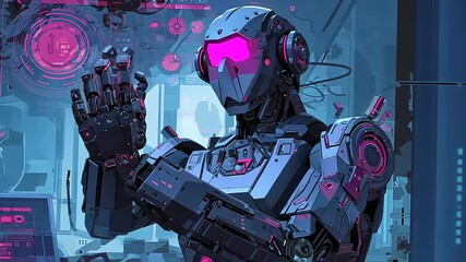 Futuristic robot examining its own mechanics in a high-tech lab, surrounded by digital interfaces