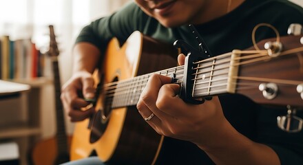 Obraz premium Man playing acoustic guitar with focused expression and musical passion.