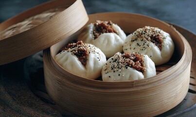 Four dumplings with sesame seeds are in a wooden container