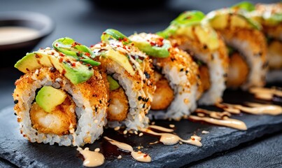 A plate of sushi with avocado and sesame seeds