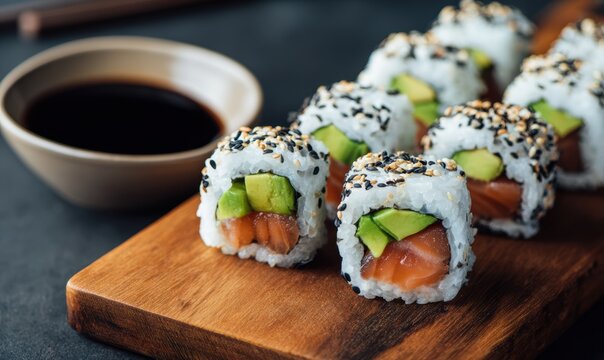 A plate of sushi with avocado and black sesame seeds