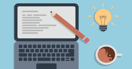Laptop with pencil, lightbulb, and coffee cup on a blue background computer writing