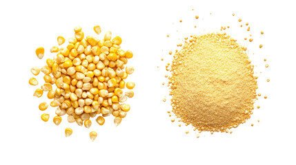 Corn kernels and corn powder overhead side by side on white background