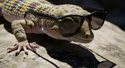 Lizard wearing sunglasses on a rock